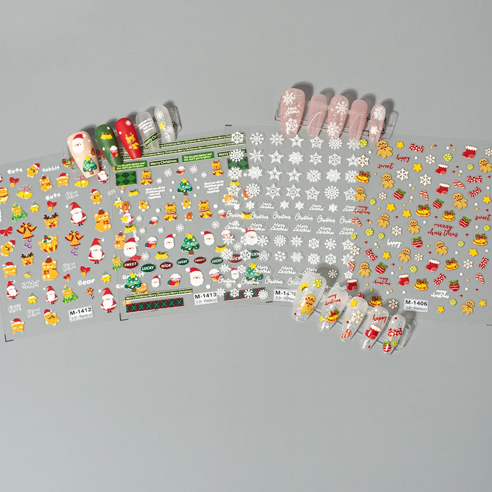 Christmas 5d embossed reliefs nail art stickers semicured gel nail sticker video nail decal