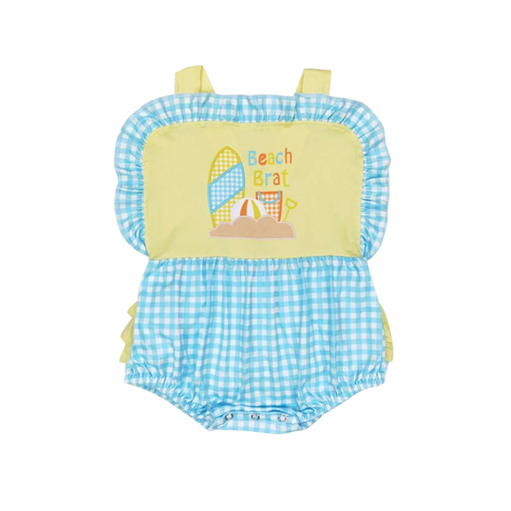 Girls Romper Yellow Suspender Blue Plaid Beach Brat Print Backless Bunny Wholesale Girls Romper Boutique Low Price Ready to Ship