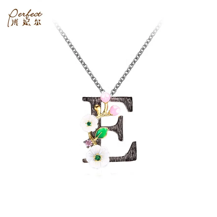 2019 Big Sale Exquisite Handmade Green Spinel/Pink Zircon/Flower Shell Letter E Pendant Necklace