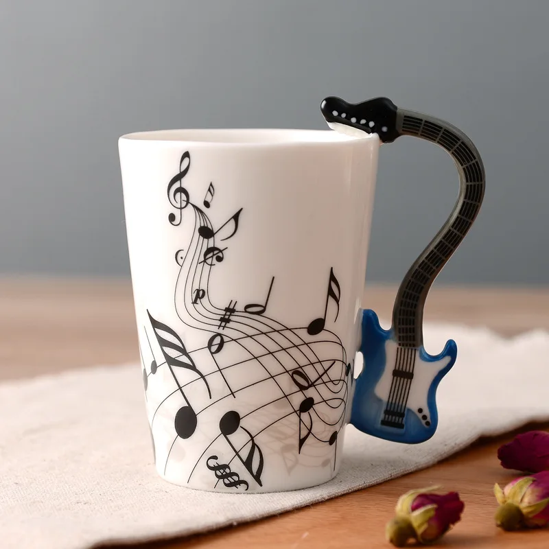 Music Guitar Cup Hand-painted Note Design Shaped Coffee Mug With Instrument Handle Funny Violin Clarinet Snare Drum Piano
