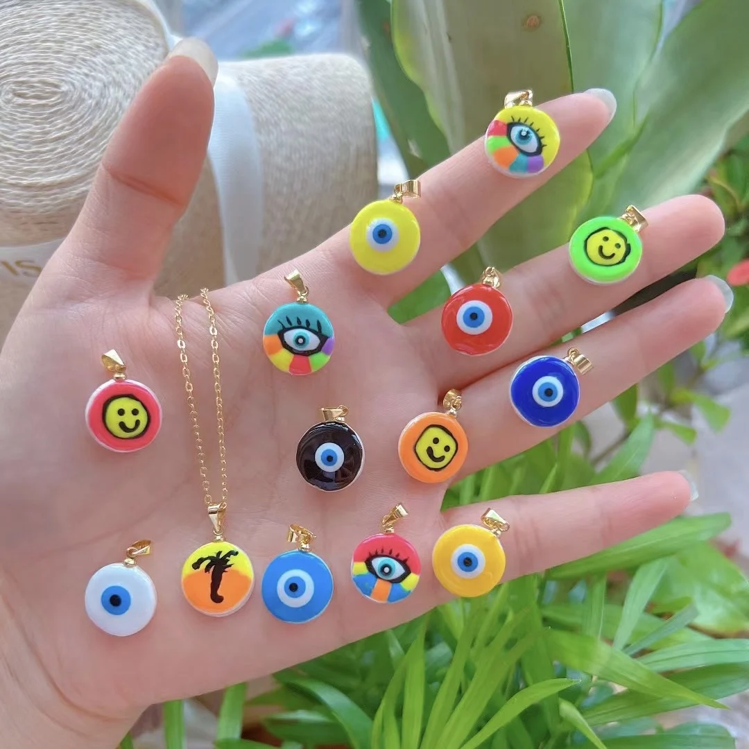 LS-B3450 Cute gold plated chain necklace enamel eye smile pendant jewelry and pearl beads chain for women girls in daily life