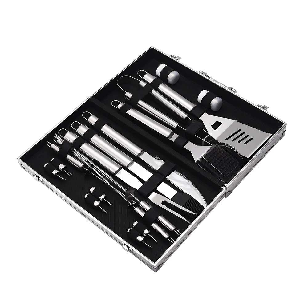 Горячая Распродажа, портативный комплект из 18 предметов для барбекю, гриля из нержавеющей стали, посуда в алюминиевом корпусе