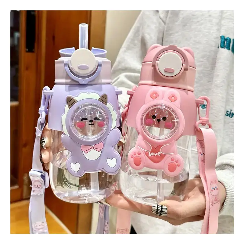 New Design Cute Cartoon Image Plastic Water Cup Cute Girl 660ml Large Capacity Anti Drop Straw Water Bottle