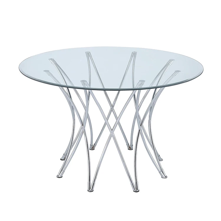 Современный роскошный круглый обеденный стол из нержавеющей стали с серебряными ножками из закаленного стекла