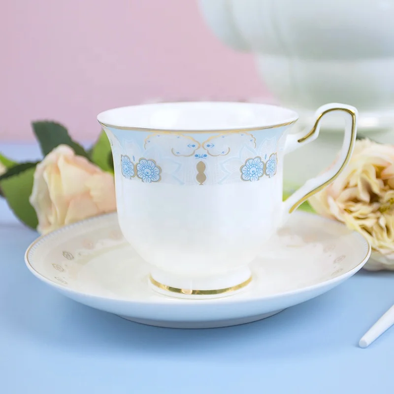 New arrival 24 pieces Royal Fine bone china embossed light green  flower shining golden pattern tea sets light weight