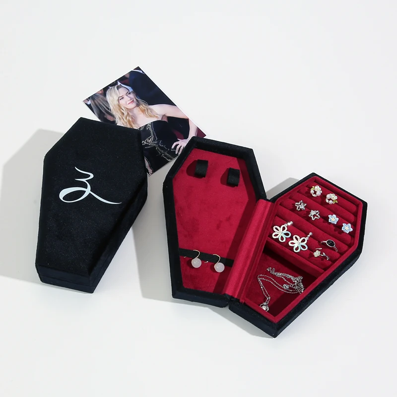 Custom Logo Design Jewelry Set Travel Storage Box Halloween Gothic Black velvet Necklace Coffin Shape Jewellery Organizer Box