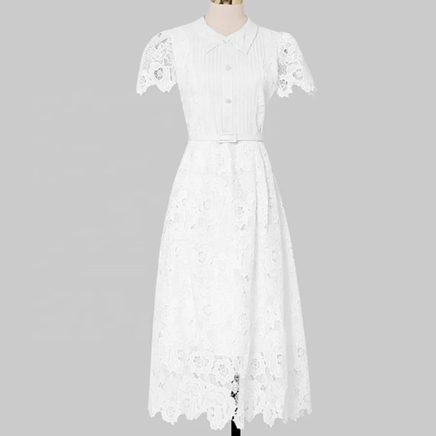 Elegant Banquet Dress 2024 Summer New Style French Lace Vintage Bubble Sleeves Wrapped Waist White Dress