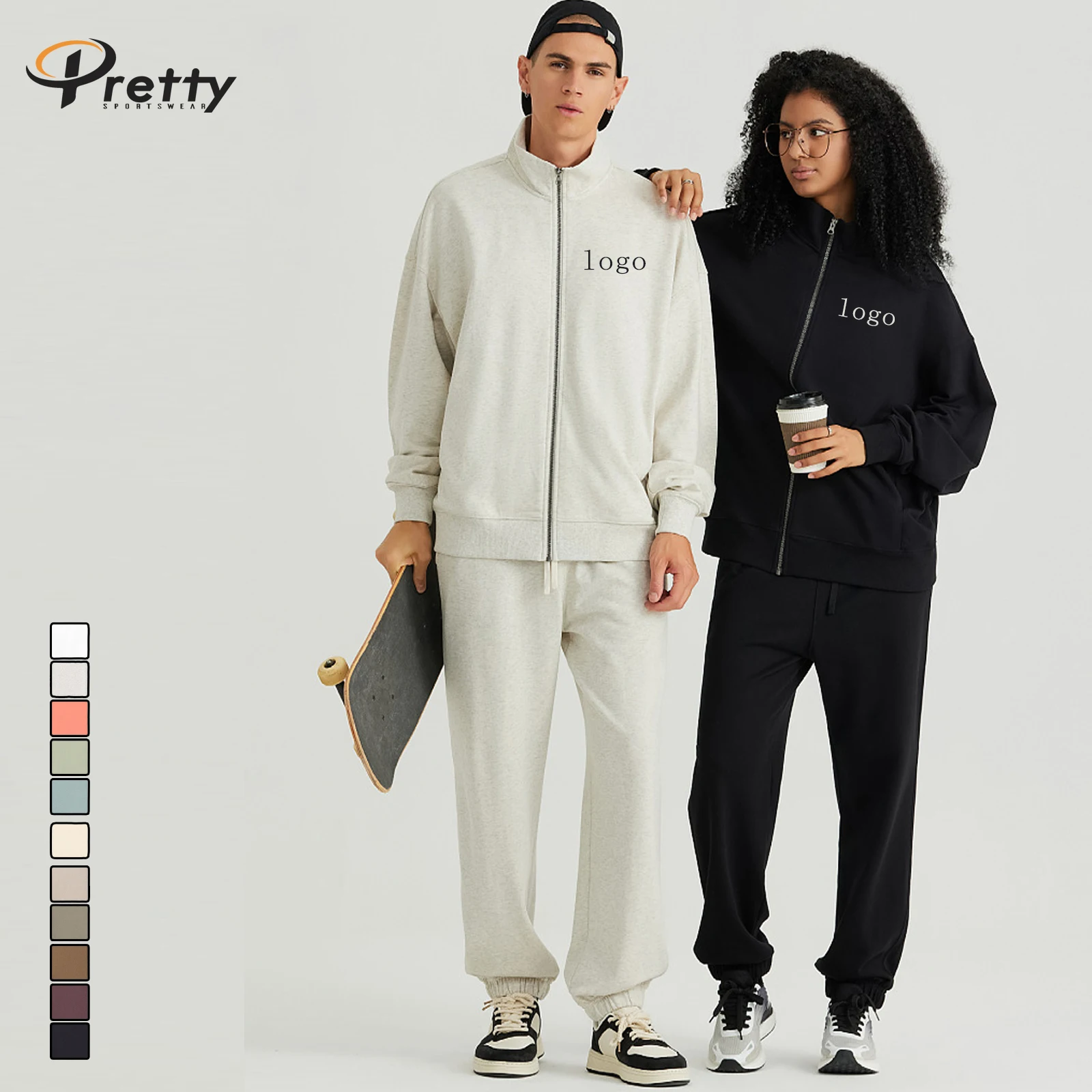 Custom Logo 100% cotton Loose Gym Stand collar Activewear Breathable cardigan Hoodie zipper Casual Sportswear Gym Fitness Set