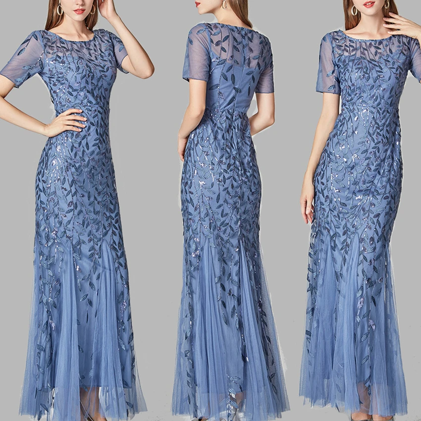 Plus Size Sequins Evening Dresses long luxury 2022 party gown for Wedding Mermaid  Short Sleeve Tulle robe