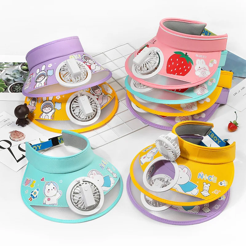 FF1096 Cartoon USB Chargeable Fan Cap UV Protection Wide Brim Visor Cap Women Men Kids Sun Visors Hat
