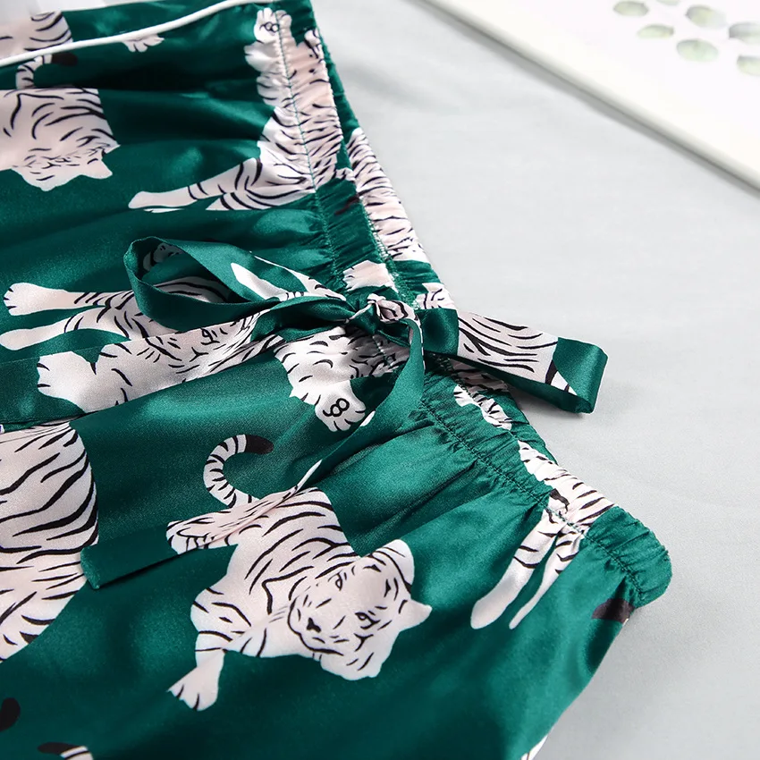 Luxury Femme Women Sleepwear Pyjama 2 Pieces Animal Tiger Print Silk Satin Pajamas Set