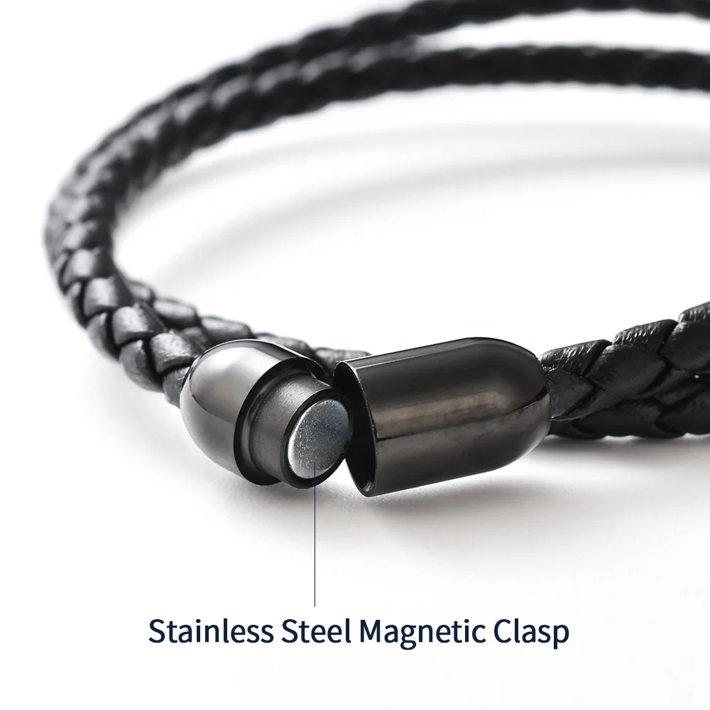 F560 Unisex Black Steel Stainless Magnetic Clasp Mens Genuine Cowhide Braided leather wrap bracelet for men or Women jewelry