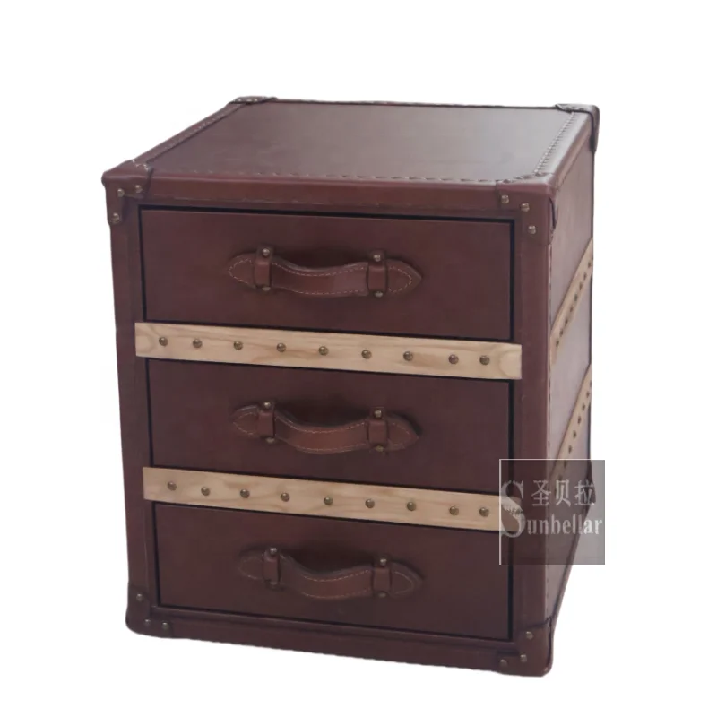 vintage genuine leather bedside night stand with 3 drawer side table chests cabinet bedroom night stand home furniture