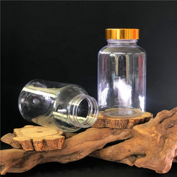 PET 300ml Plastic transparent Pill Medicine Capsules Bottles supplement bottle packaging with gold silver lid