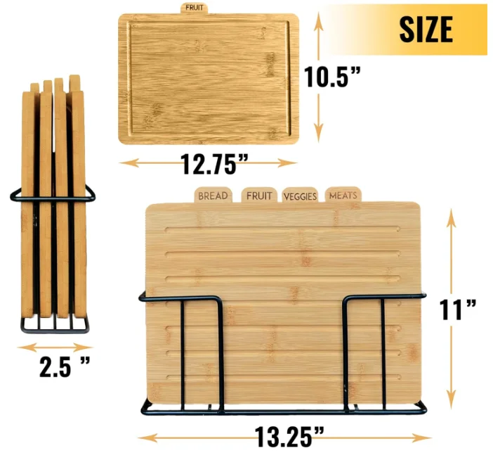 202410 Bamboo Cutting Boards for Kitchen with Holder Stand 13 x 11 Set of 4  Labeled Tabs  Large Modern Wood Board Set
