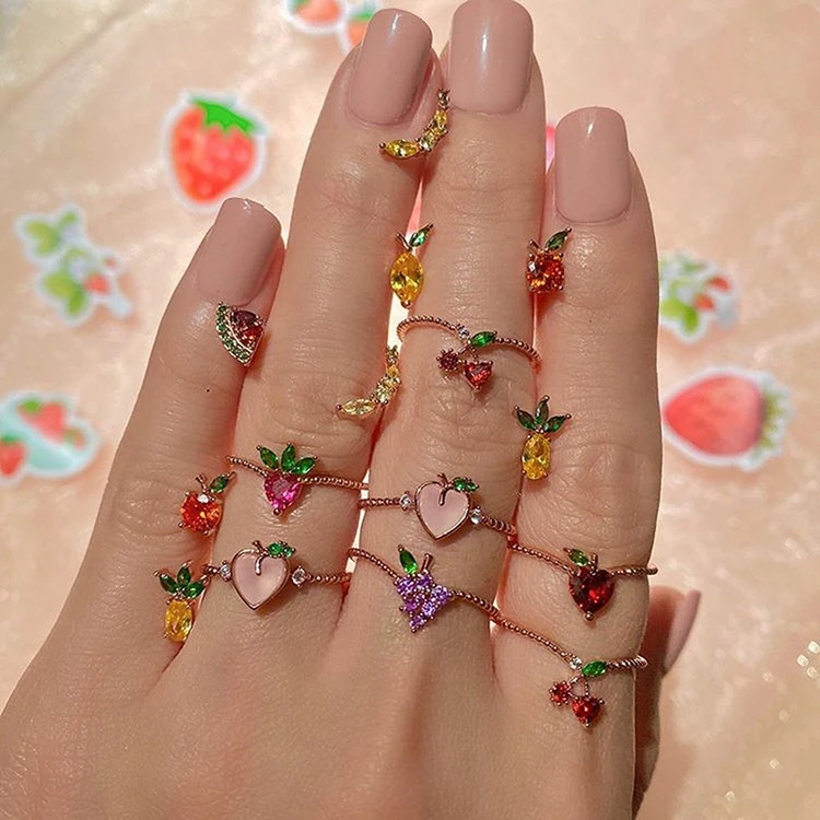 Милые ювелирные изделия для девочек, подарки, разноцветные циркониевые кольца на палец с фруктами, клубникой, виноградом, вишней для женщин