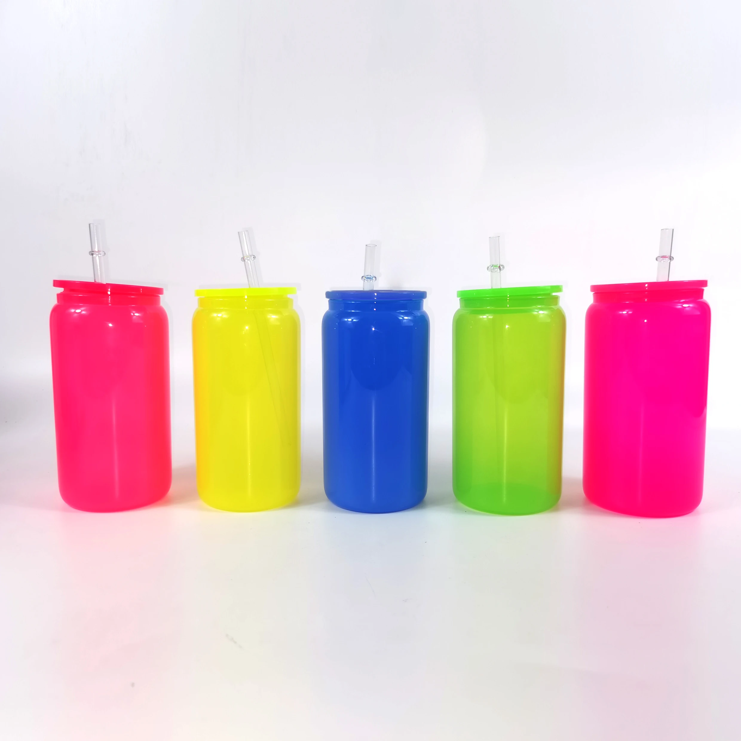 USA warehouse neon collection 16oz glass colored cups solid colors beer can with lids and straw for uv dtf wraps