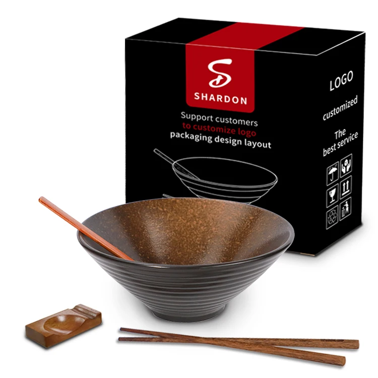 7 Inch Black Set Eco-Friendly Footed Ramen Large Ceramic Popcorn Noodle Soup Bowl Set Ceramic Japanese Ramen Bowl