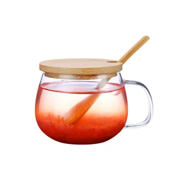 heat resistant high borosilicate glass cup clear tea mug with wood lid and spoon