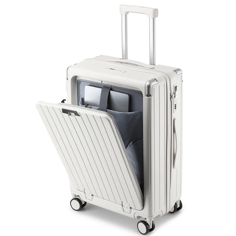 Unisex New 20 Inch Cabin Case with USB Charging and Phone Holder Front Opening Trolley Suitcase Luggage for Women and Boys