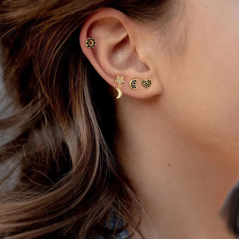 JCA S925 sterling silver light luxury ins heart-shaped full diamond thread piercing earrings