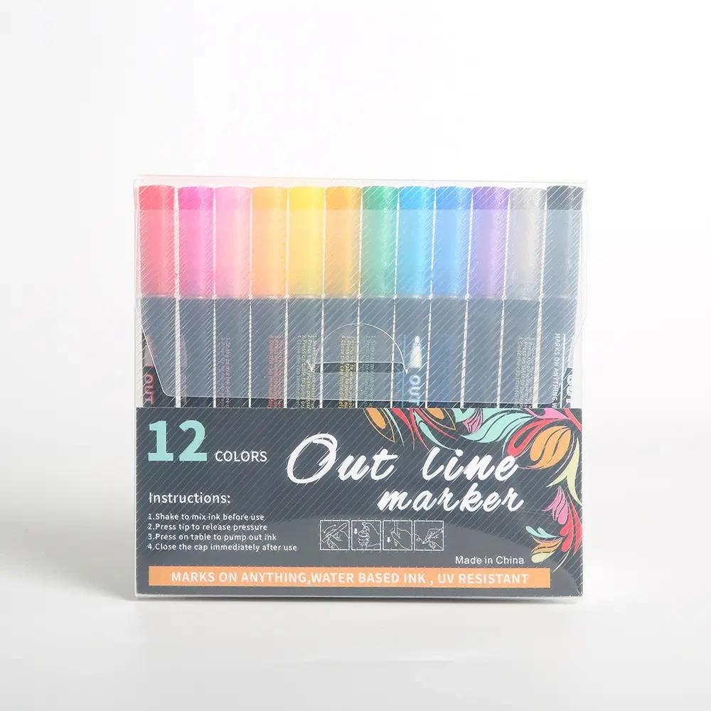 Bview Art 12 Colors Double Line Doodle Contour Marker Metallic Flash Marker Set For Student Painting Marker