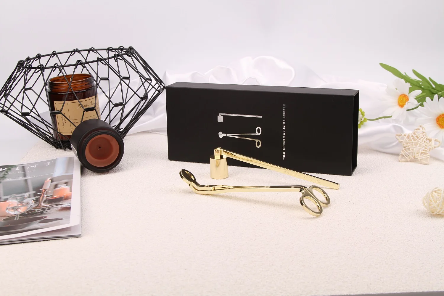 Custom Logo Brass Silver 2 In 1 Stainless Steel Candle Accessory Set With Candle Wick Trimmer Candle Snuffer For Wedding