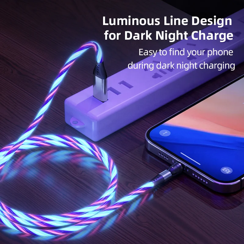 
2021 New Cool Design 2 M 540 Degree Flowing LED Magnetic 3 in 1 USB Cable For iPhone/For Type C/For Micro 