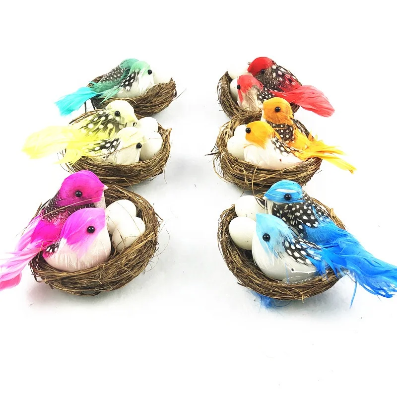 6 colors Artificial Feather Birds with Nests for Home Decoration