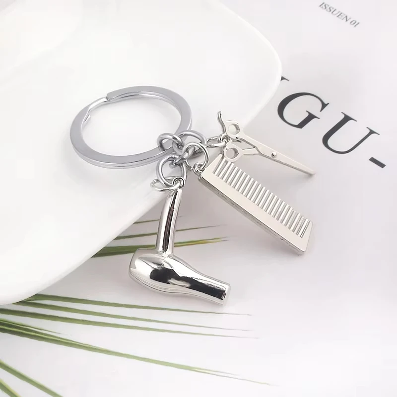 Multifunctional Metal Keychain Hairdryer Scissors Comb Model Keyring Steel Personalized Hairdresser Key Chain