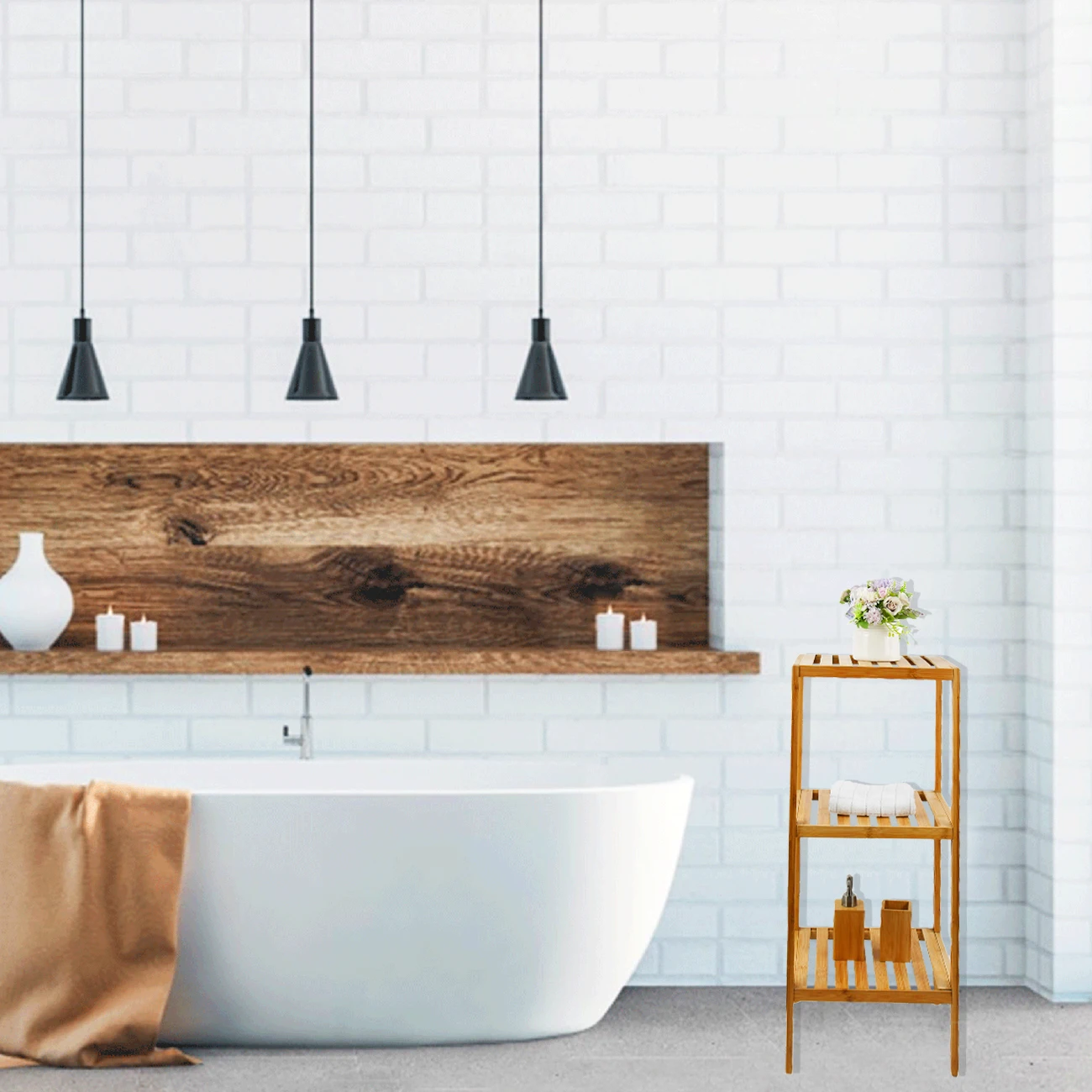 3 Tier Free standing Nature Bamboo Bathroom Towel Rack Plant Display Stand Storage Shelf