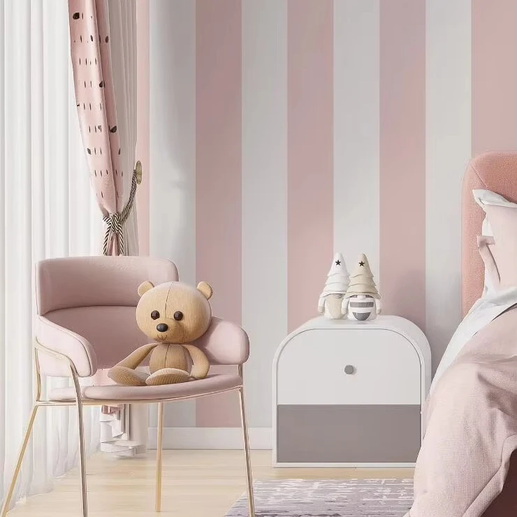 Self-Adhesive Waterproof Thick Wallpaper With Pink White Stripe Pattern Wallpaper Smooth Finish Retro for Home Decor