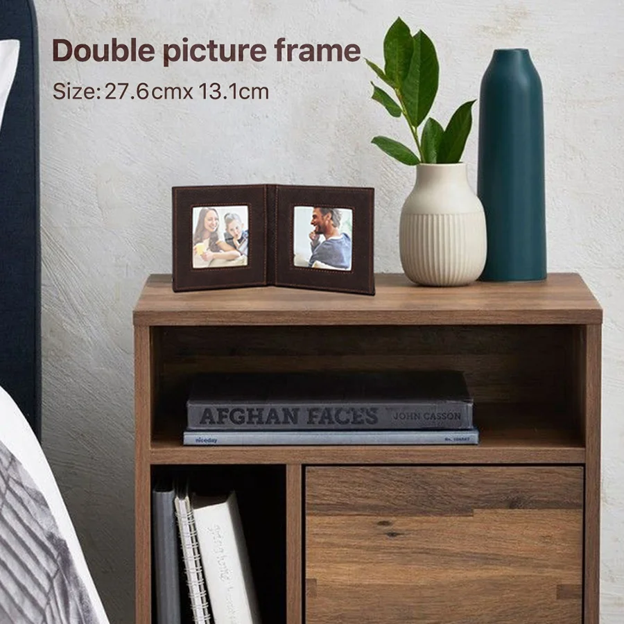 Vintage Genuine Leather Double Picture Frame Opening Folding Two Pictures Family Photo Tabletop Frame Stands Vertically