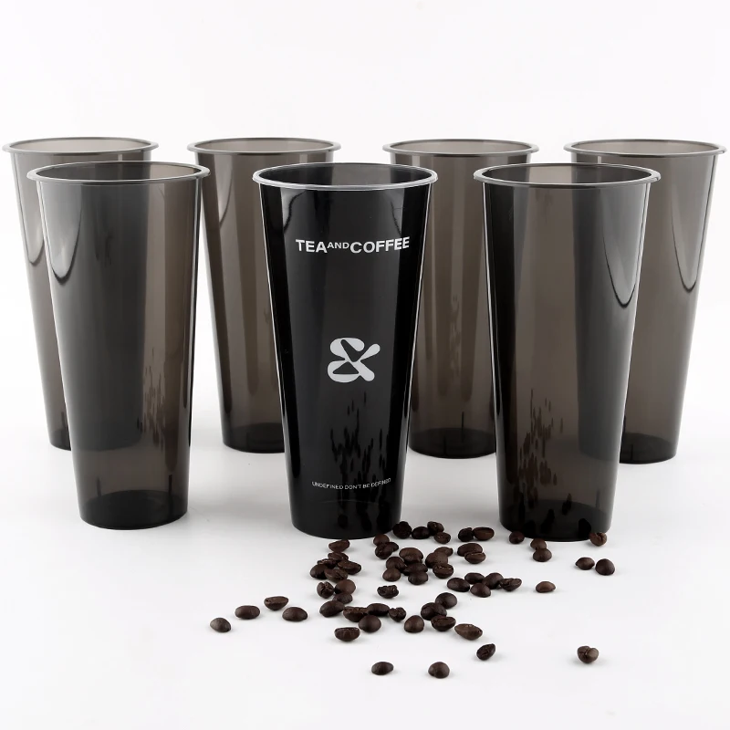 Custom Printed logo Coffee Boba Cups Vasos Plastic Para Personalizacion Black Unique Cup with Handle Lid and Straw