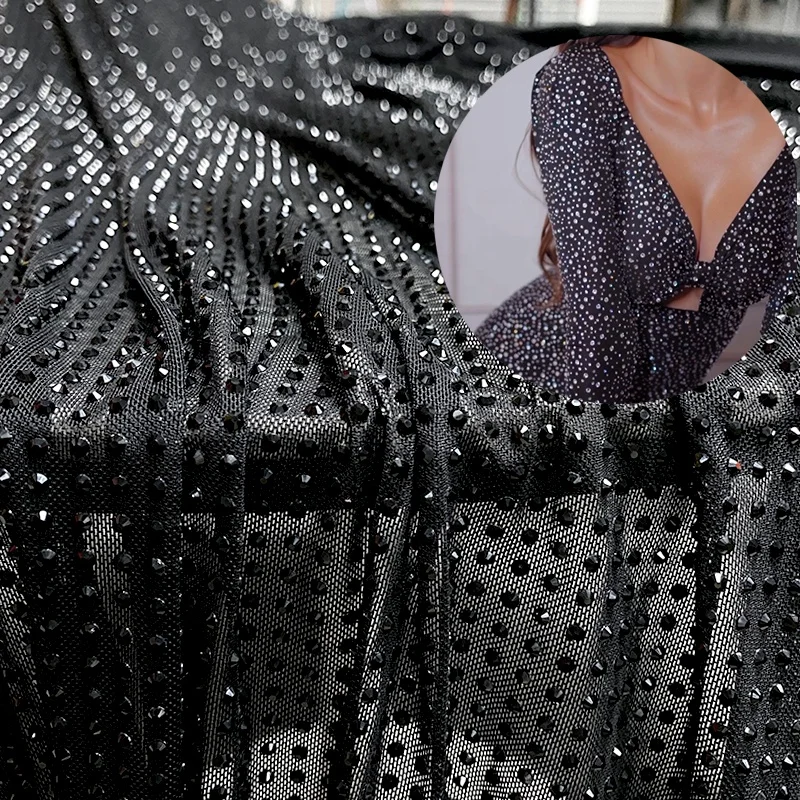 FB003 Factory Supply Crystal Beaded Tulle Lace Fabric For Wedding Dress tulle Dress Fabric