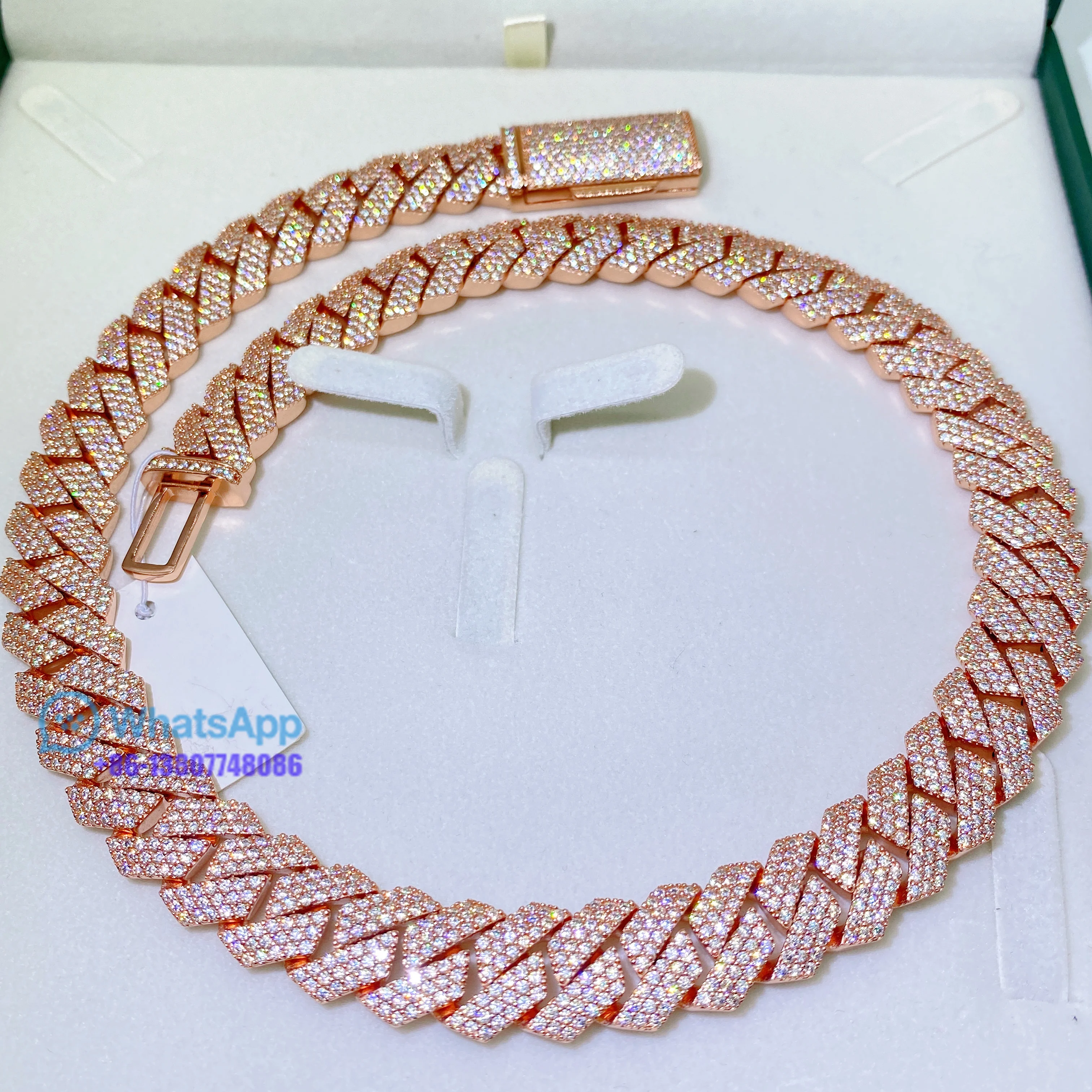 Hip Hop Jewelry ROSE Gold Plated Iced Out Cuban Link moissanite Prong Cuban Link Chain Necklace Diamond Cuban Chain