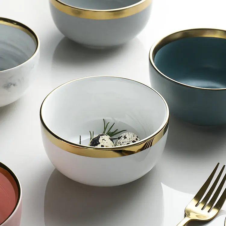 Bulk round restaurant serving white porcelain cereal soup rice bowl with gold line