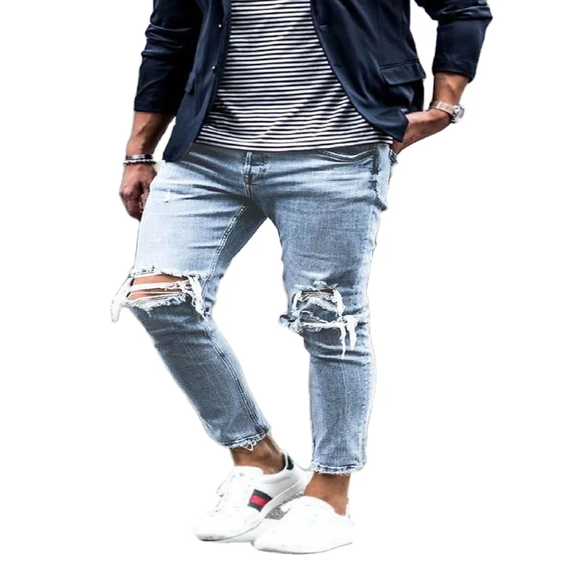 Новые поступления, мужские облегающие джинсы со средней посадкой, байкерские джинсы, модные синие джинсы с вырезами на коленях в уличном стиле, мужские джинсы высокого качества