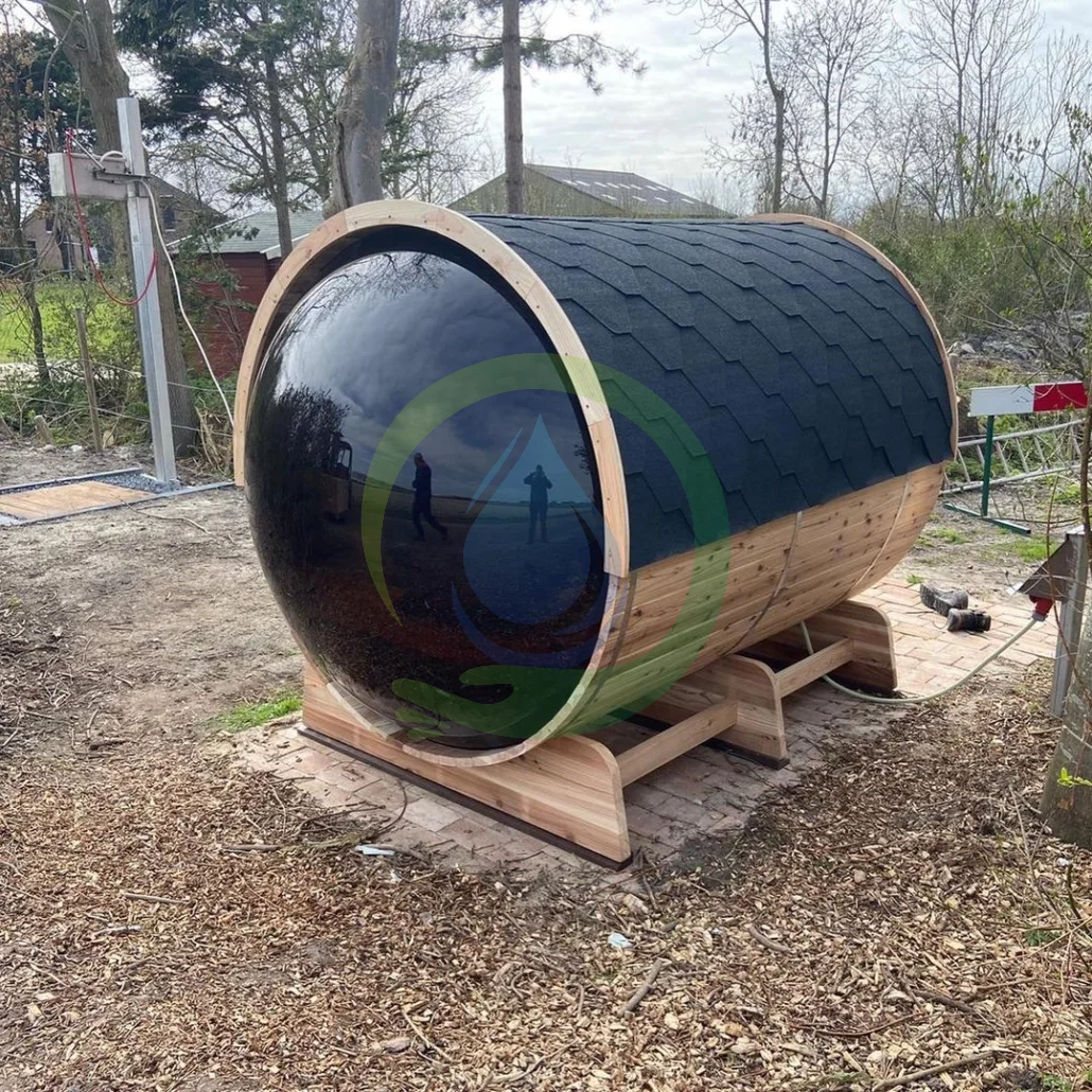 Modern Outdoor wooden infrared Cedar Barrel Sauna Cabin for 2-3 Persons with Panoramic Window