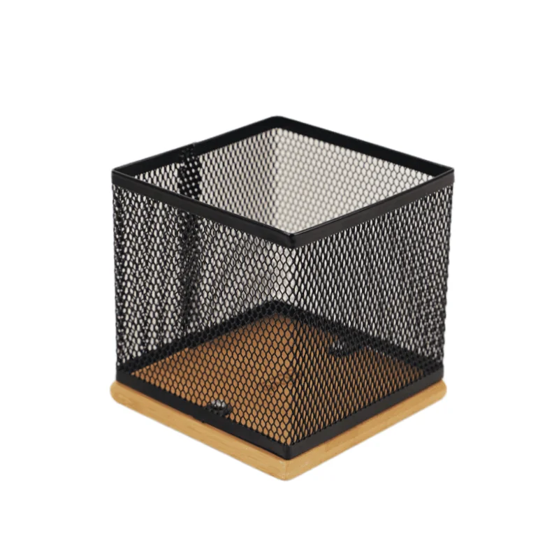 office organizer Wood Base Metal Mesh Pen Holder pencil hold Wooden base high-end storage box desk organizer