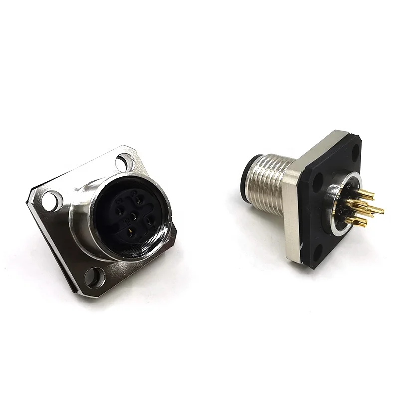 M12 Male Flange Panel Mount Electrical Square Connector With 3 4 5 6 8 12Pin