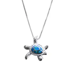Wholesale 925 sterling silver blue fire opal necklace cute turtle pendant necklace