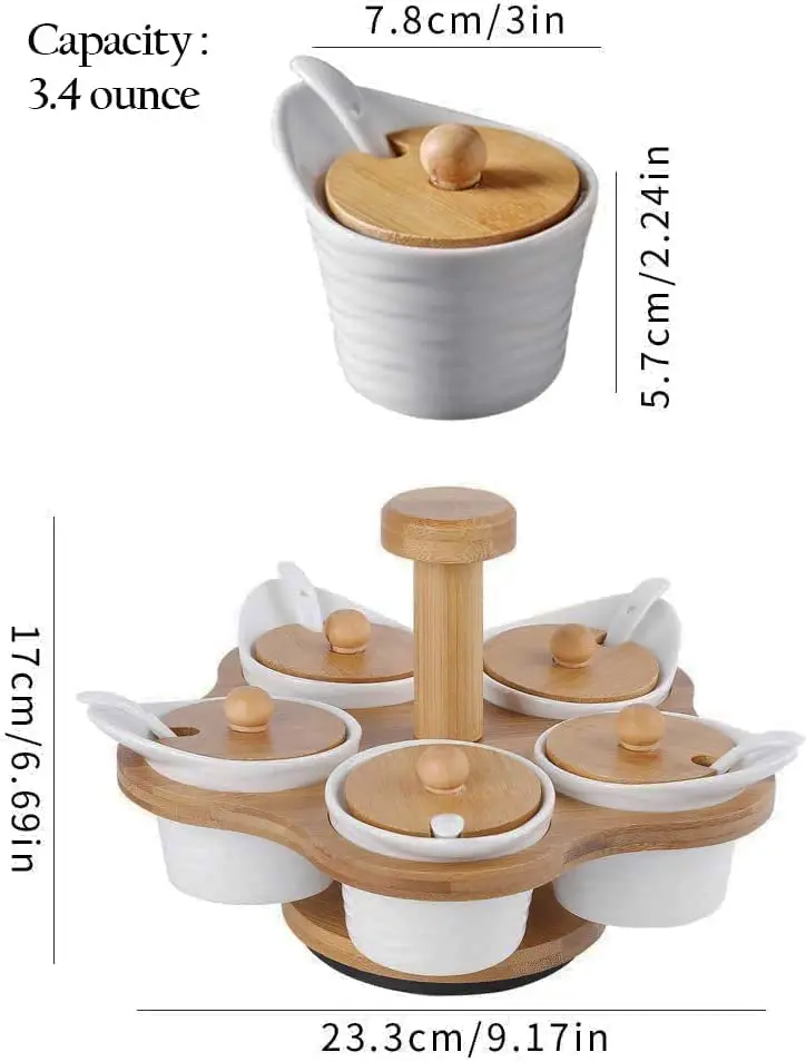Ceramic Condiment Jars Set with Spoons & Bamboo Lids Spice Pots Containers with Rotatable Wooden Serving Rack