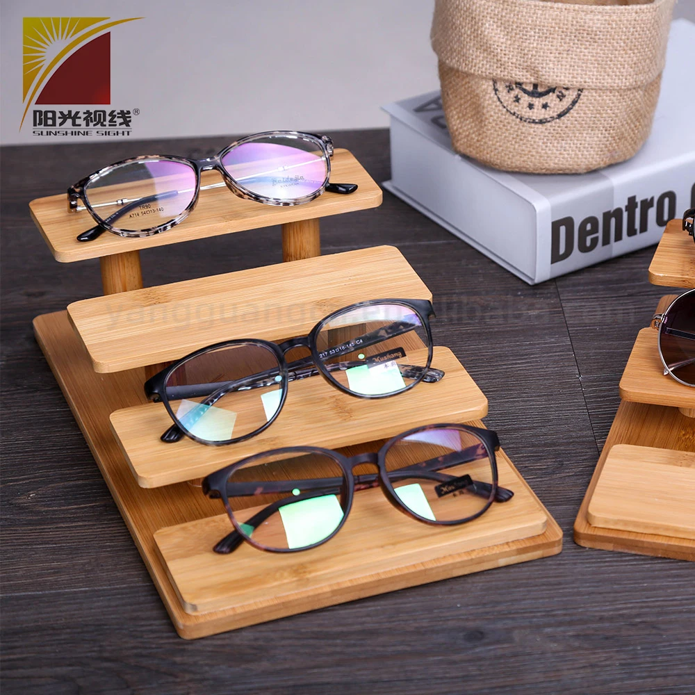 OEM Quality Retail Chain Store Multi-Layer Natural Wooden Bamboo  Glasses Display Rack Eyewear Stand Shelf