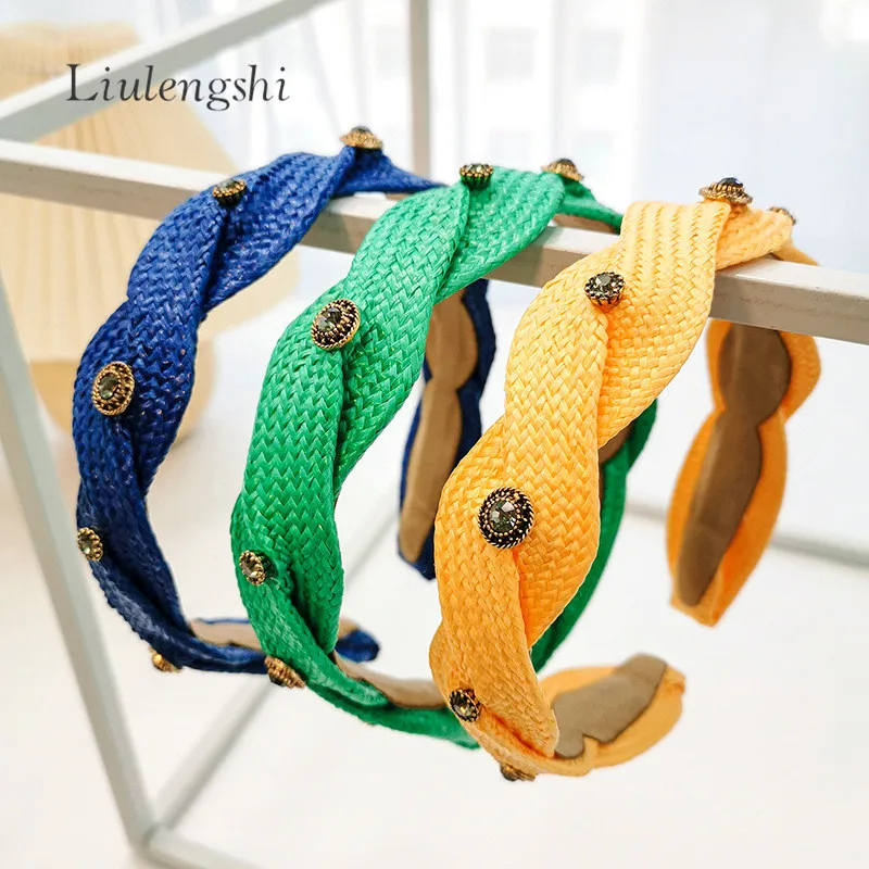 Fashion Summer Season Braid Rattan Woven Hair Band Hair Accessories Beach Raffia Straw Weaving Crystal Headband for Women