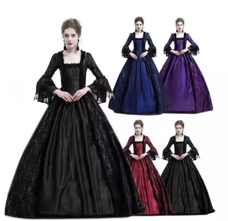 factory christmas party lace stitching flare long sleeve luxury medieval retro court women dress