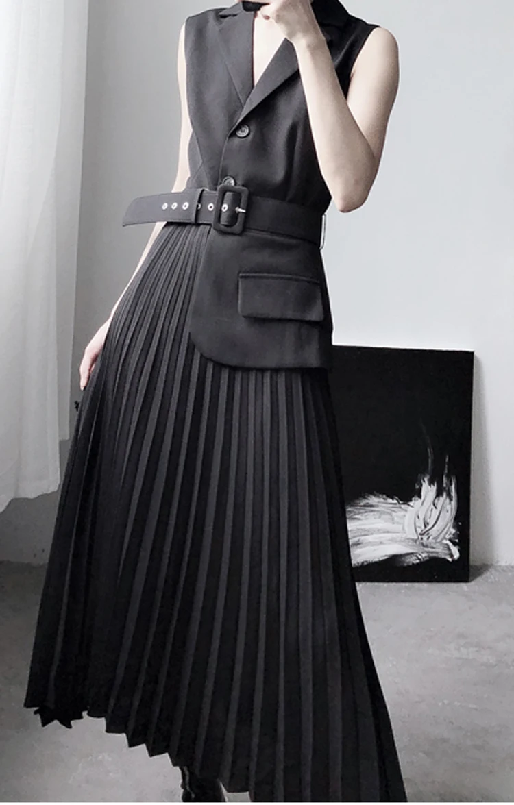 Black Spring Midi Pleated Skirt Witpantsf Belt Vest Highstreet Style Slparty Pantse Picec Dress for Women Casual Dresses Natural