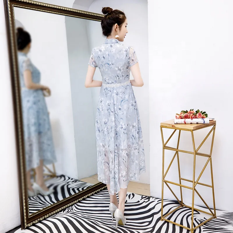 Китайский современный модный Чонсам новейшего дизайна, длинное расклешенное платье-Ципао с цветочным узором, шифоновое платье с коротким рукавом для женщин