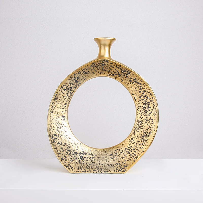 Europe Nordic Round Hollow Gold Decorative Vases Centerpiece Tabletop Small Mouth Gold Circular Ceramic Flower Vase