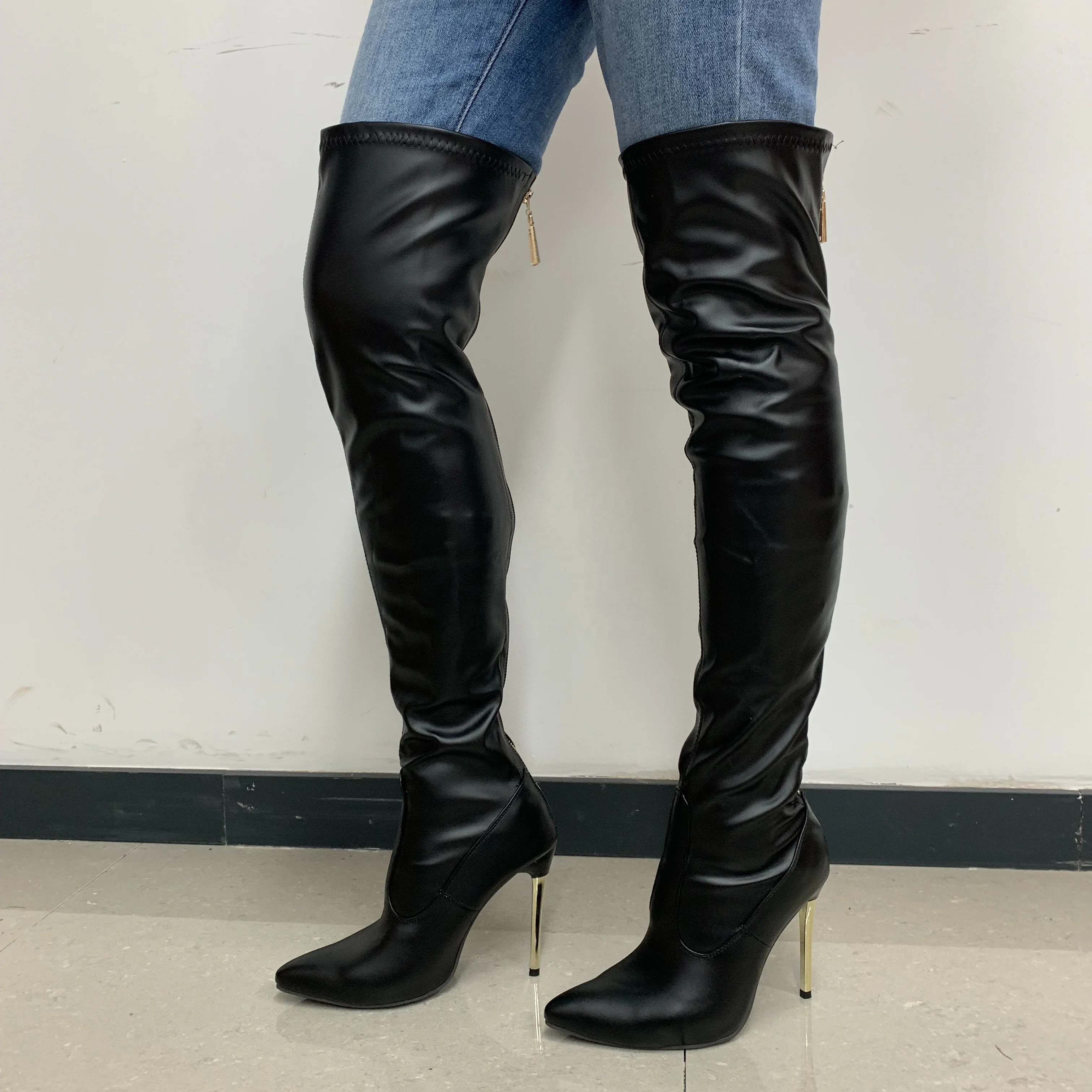 BUSY GIRL MF2419 Women Boots 2024 Bright Sexy 11cm High Heel Pointed Toe Party Nightclub Botas Zipper Thigh High Boots